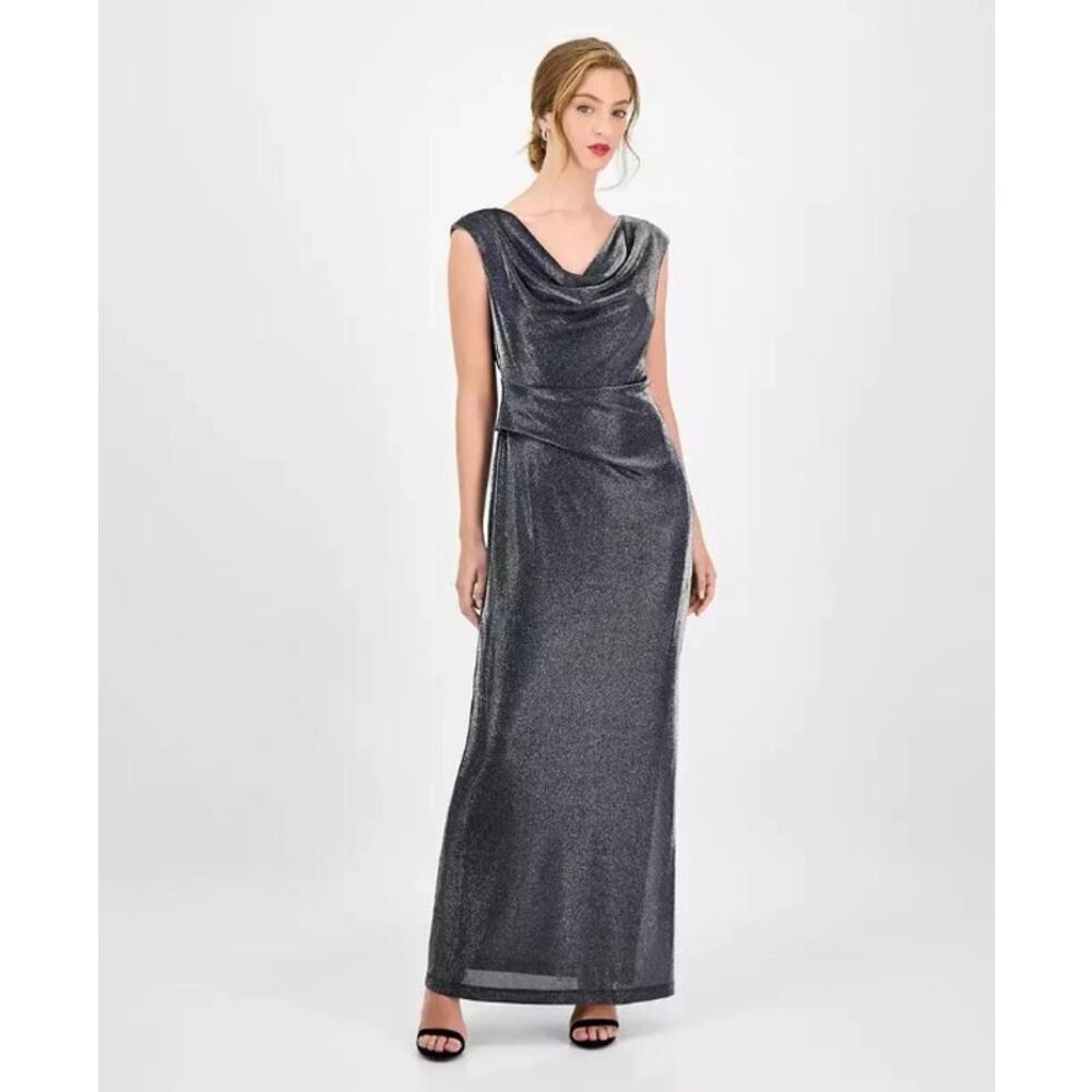 Connected Metallic Cowl Neck Maxi Dress Silver Size 10 Formal NWT